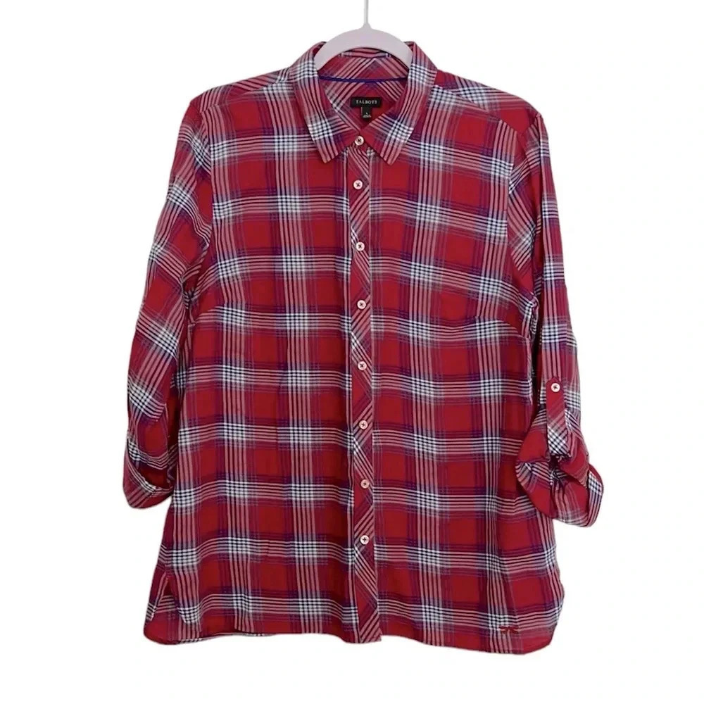 Talbots New Women’s L Striped Roll-up Tab Long‎ Sleeve Button Up Shirt